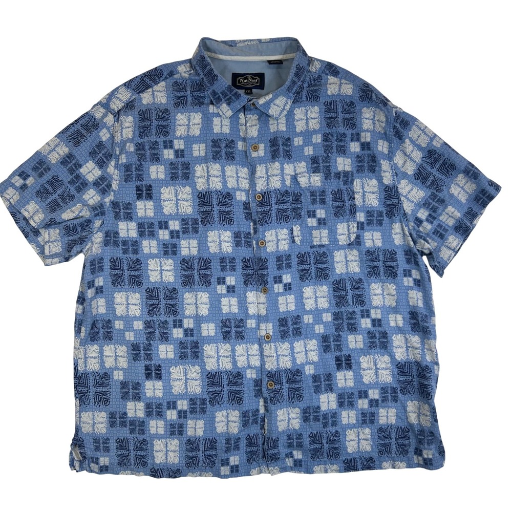 Nat Nast Men XXL Blue Silk Cotton Geometric Tile Print Short Sleeve Button Shirt